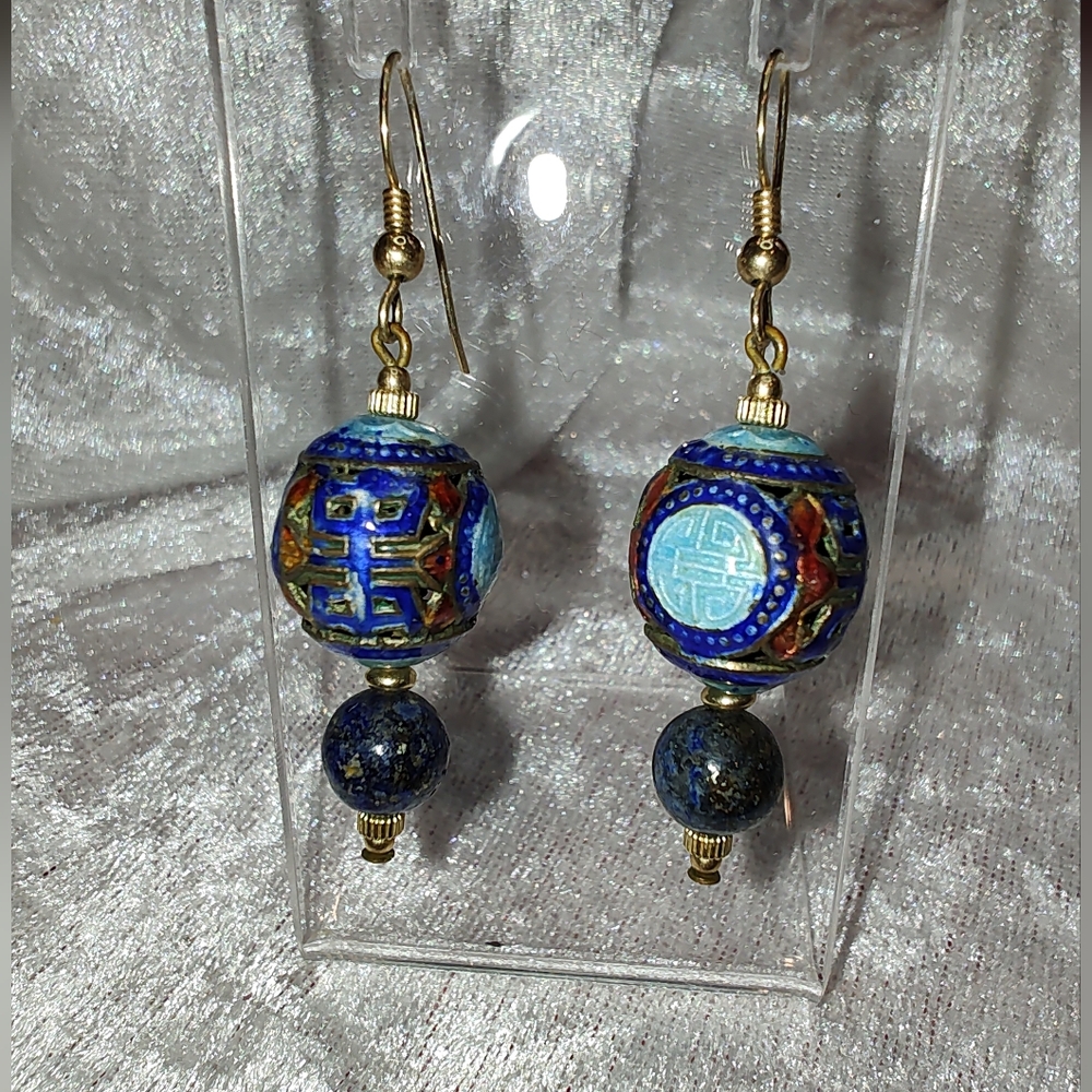 Vintage Chinese Blue And Lapis Lazuli Bead Earrings With Gold Tone Findings